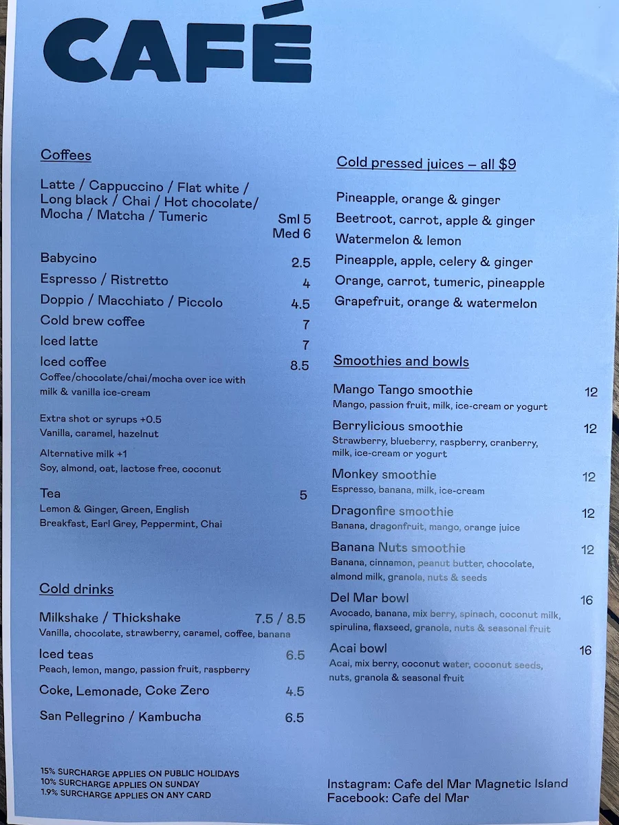Menu, Early Bird - Magnetic Island