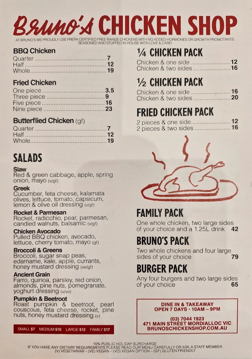Menu, Bruno's Chicken Shop Mordialloc