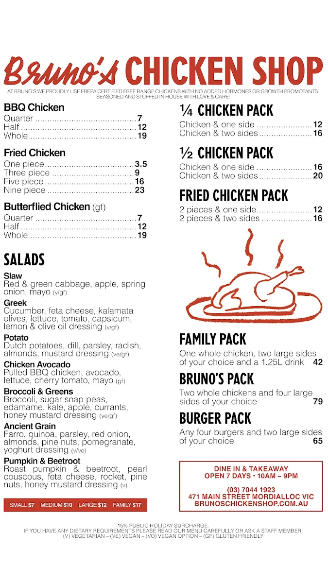 Menu, Bruno's Chicken Shop Mordialloc