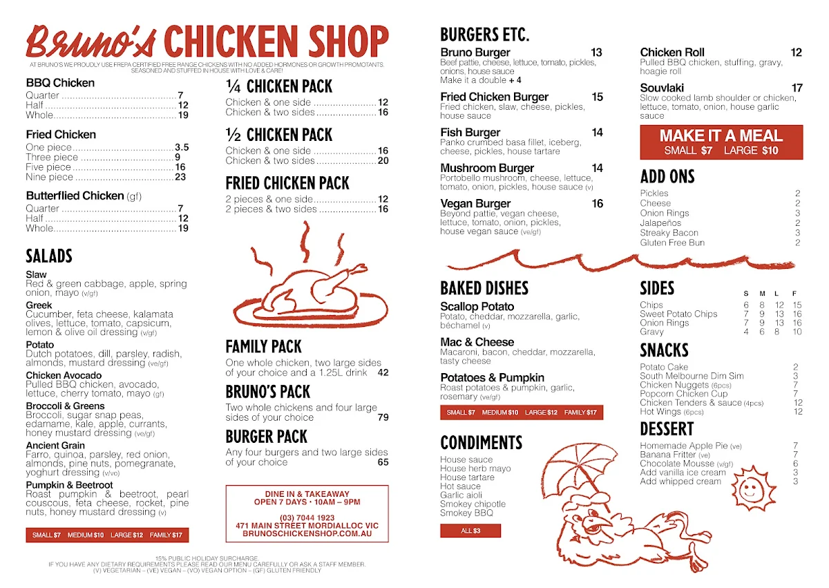 Menu, Bruno's Chicken Shop Mordialloc
