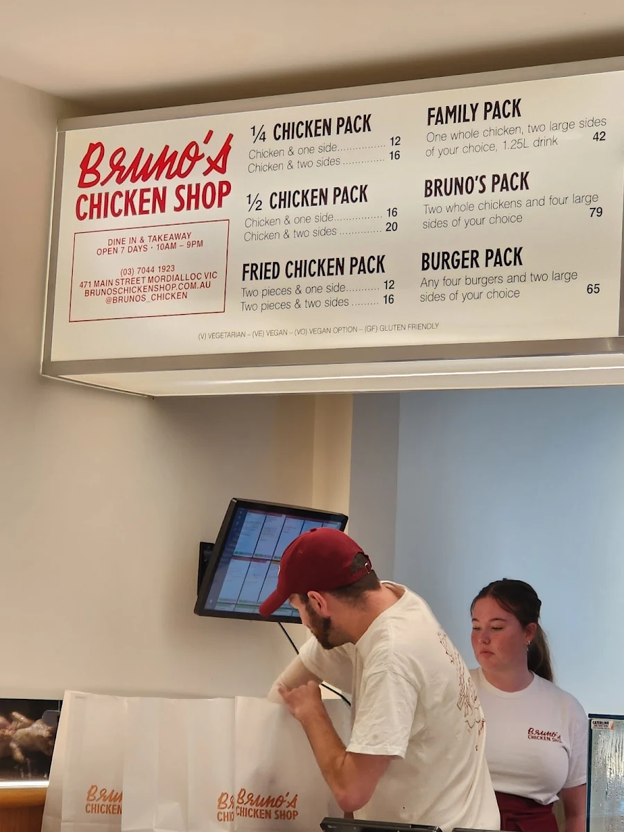 Menu, Bruno's Chicken Shop Mordialloc