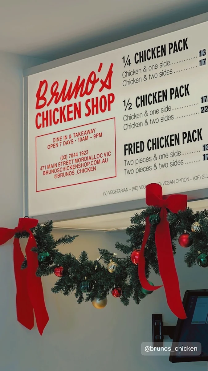 Menu, Bruno's Chicken Shop Mordialloc
