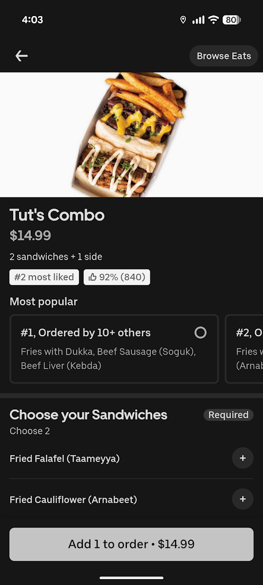 Menu, Tut's Egyptian Street Food