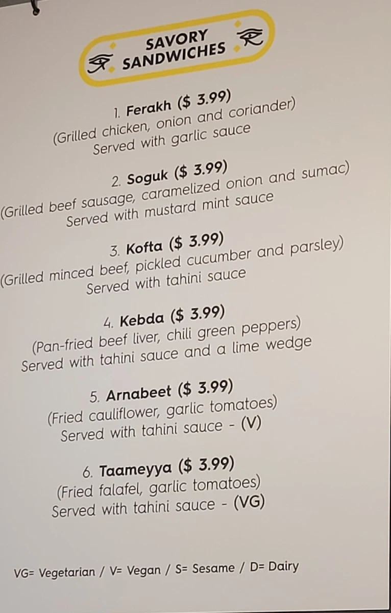 Menu, Tut's Egyptian Street Food