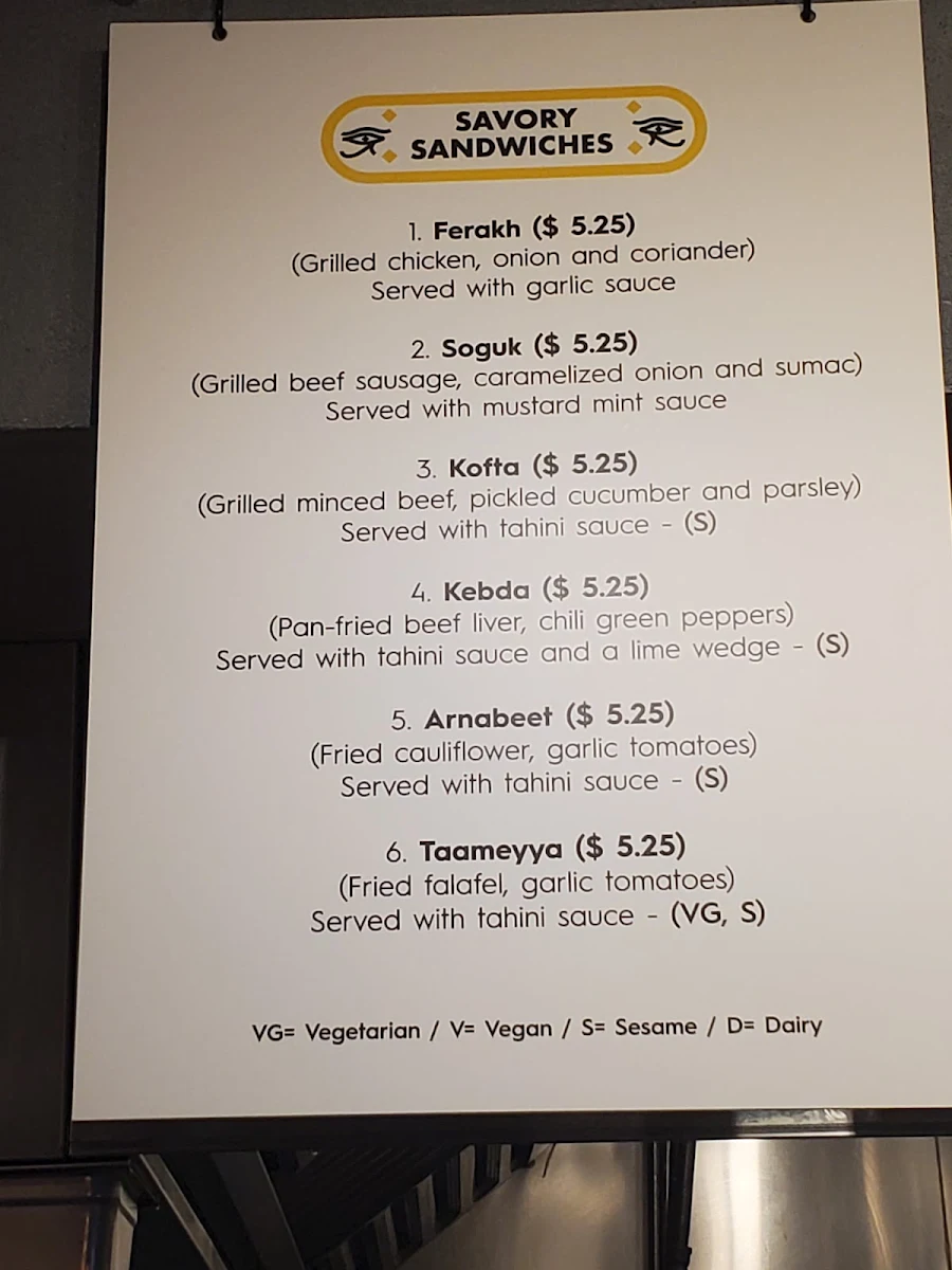 Menu, Tut's Egyptian Street Food