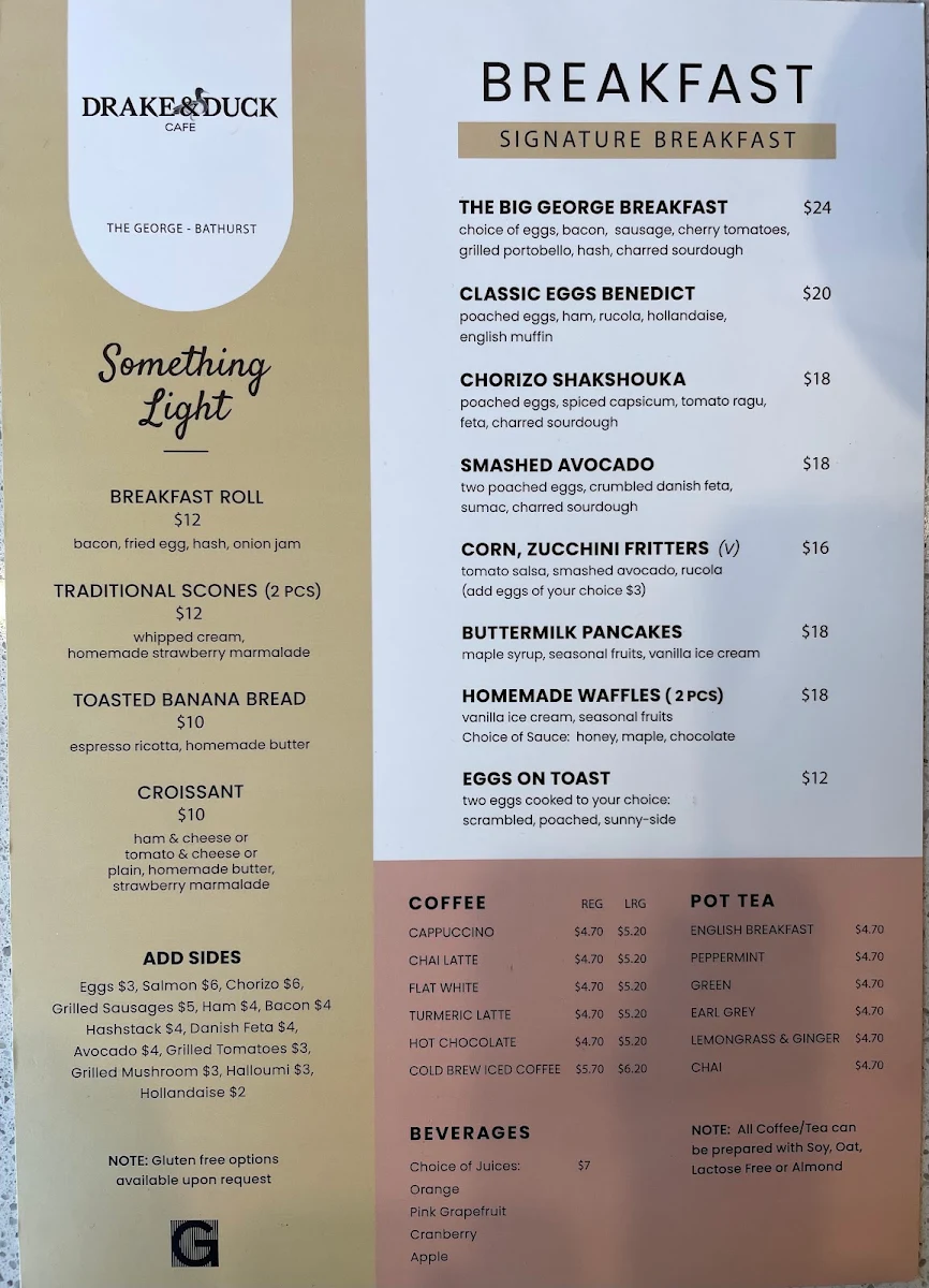 Menu, Drake and Duck Cafe
