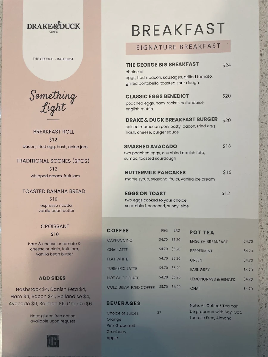 Menu, Drake and Duck Cafe