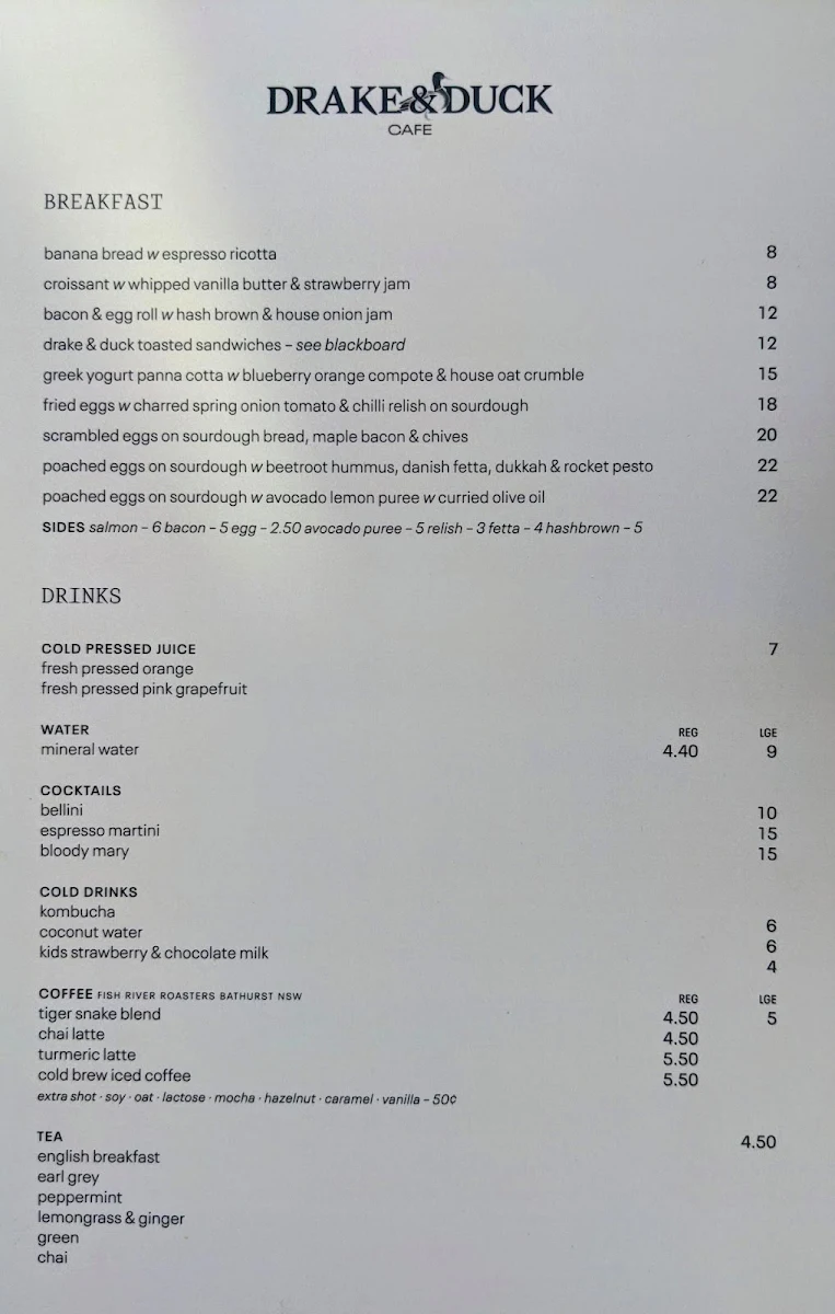 Menu, Drake and Duck Cafe