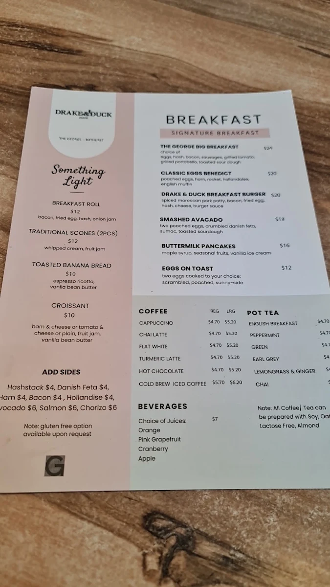 Menu, Drake and Duck Cafe