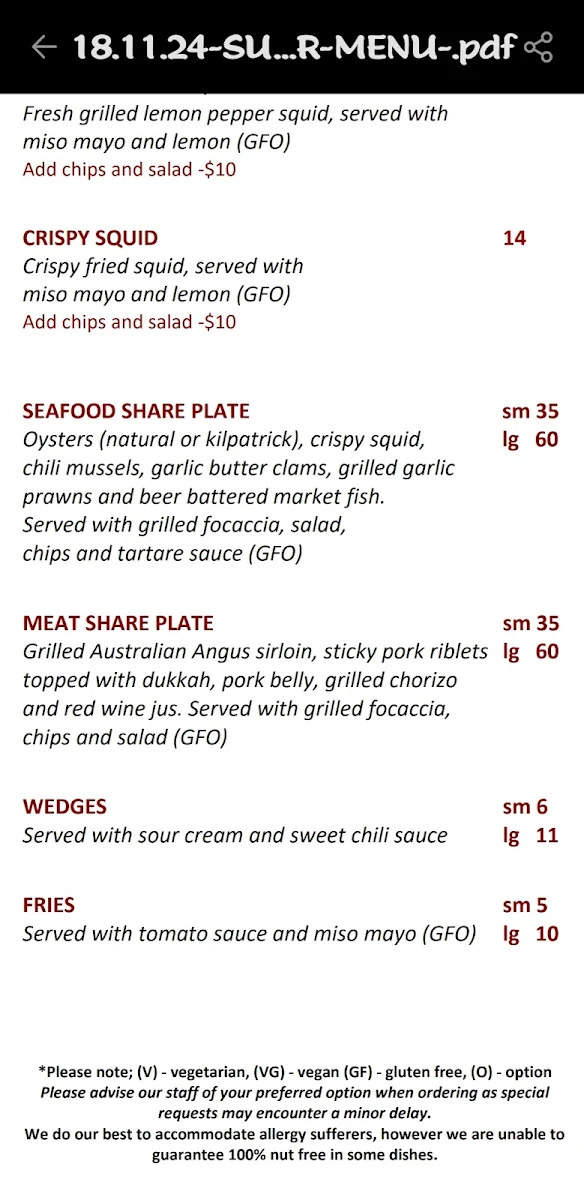 Menu, The Kewdale Tavern