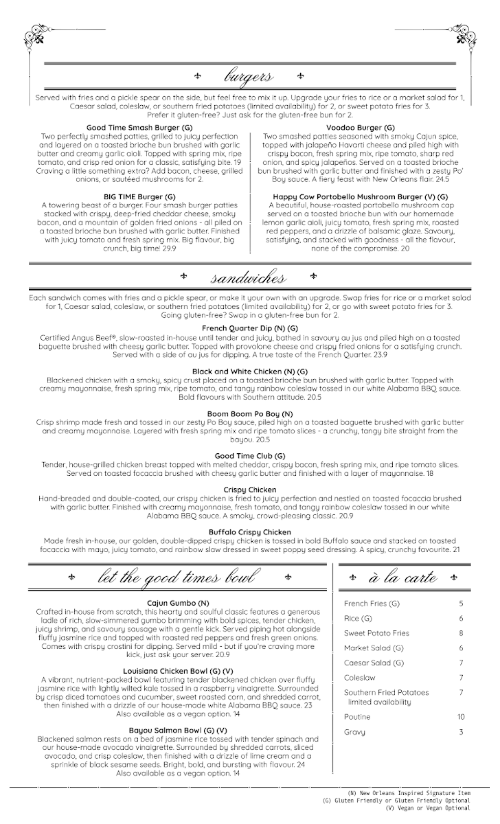 Menu, Good Times Neighbourhood Bar & Restaurant