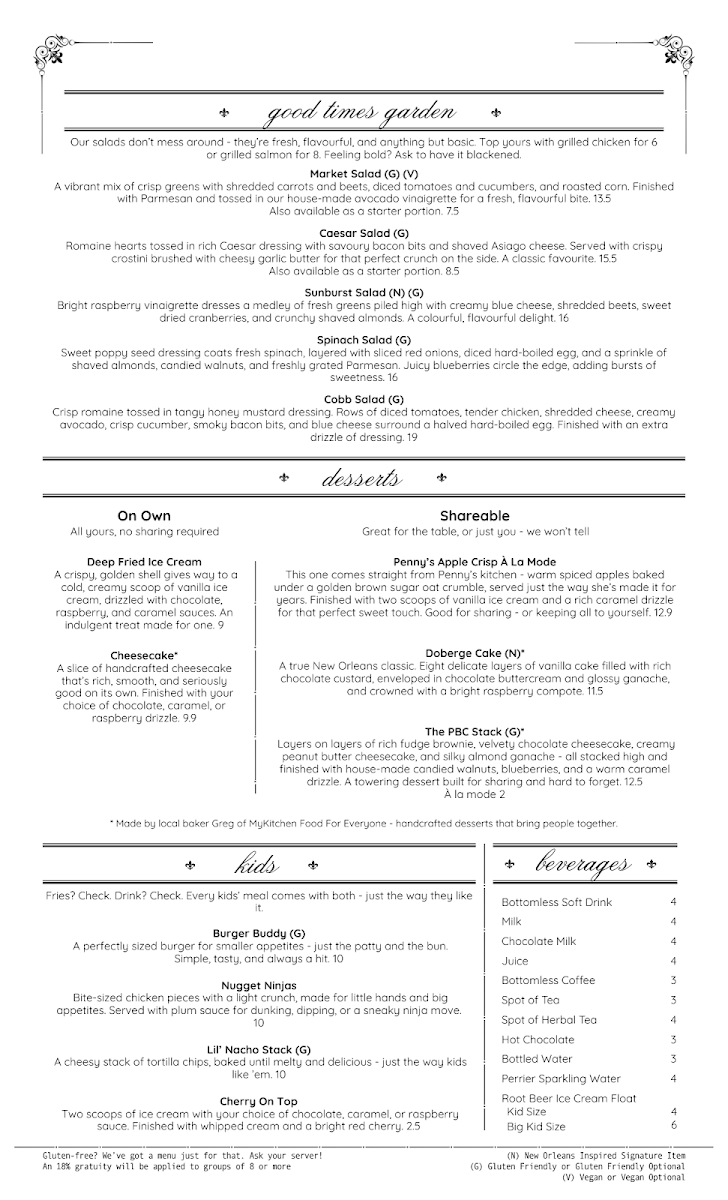 Menu, Good Times Neighbourhood Bar & Restaurant