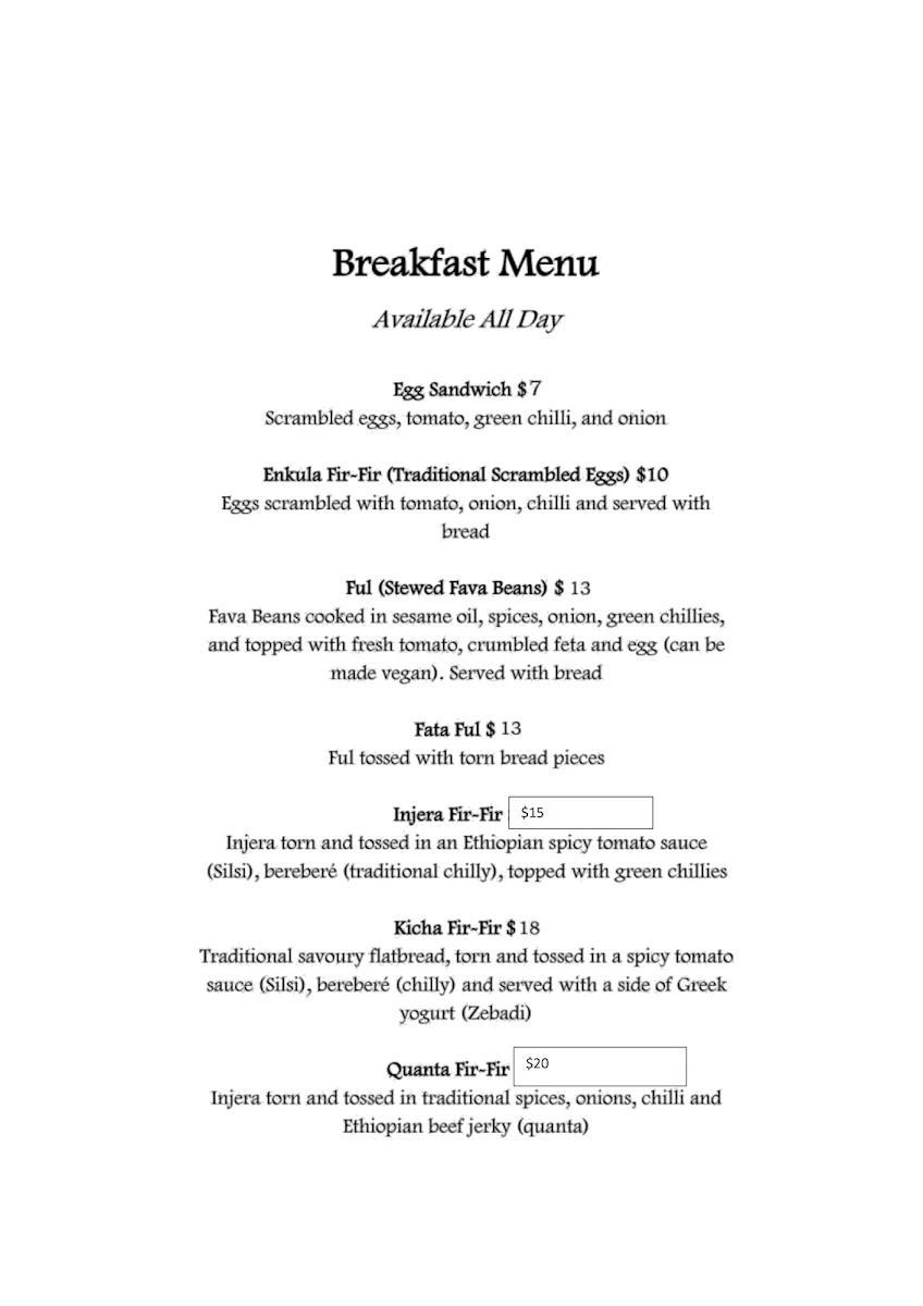 Menu, Queen of Sheba