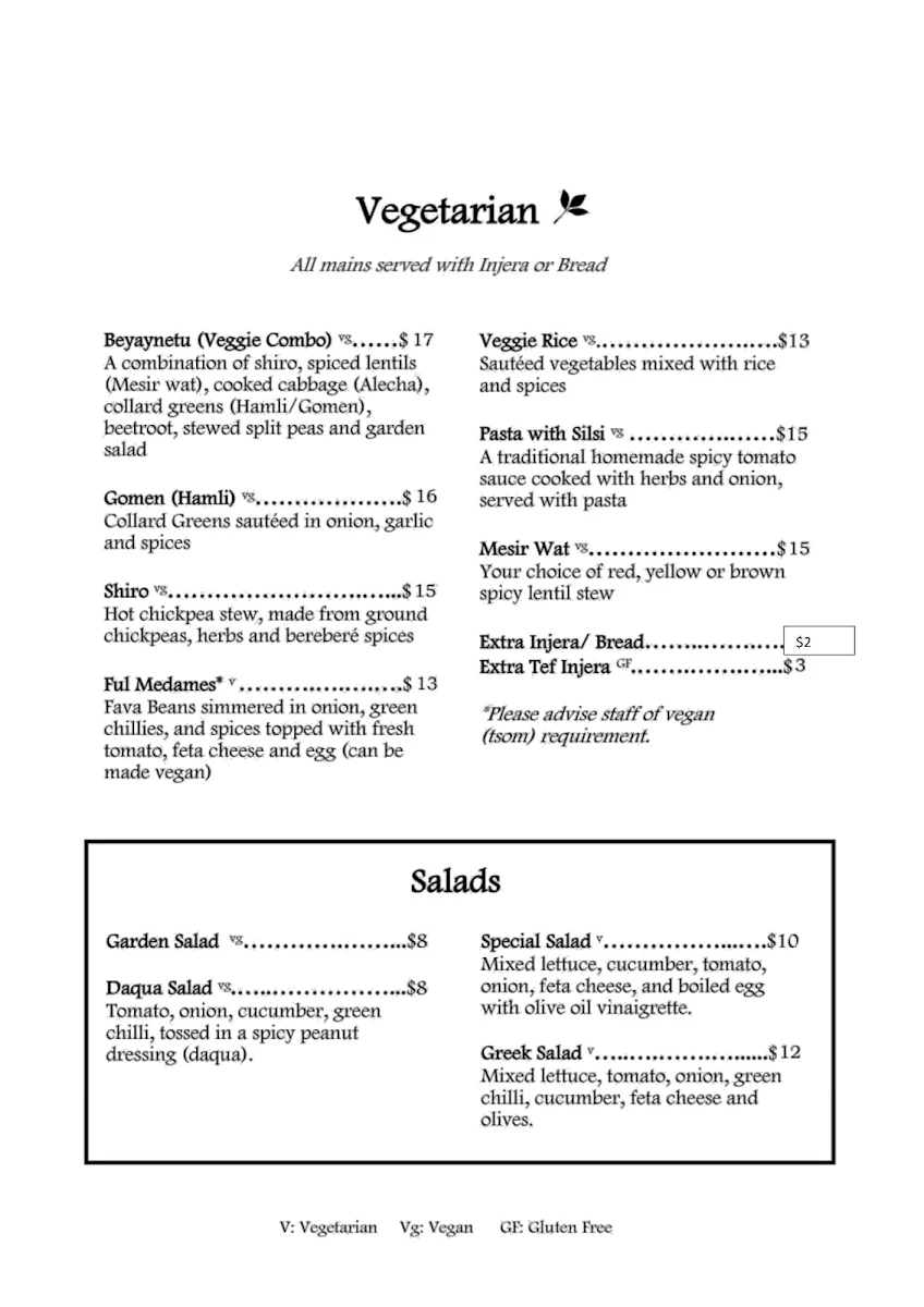 Menu, Queen of Sheba