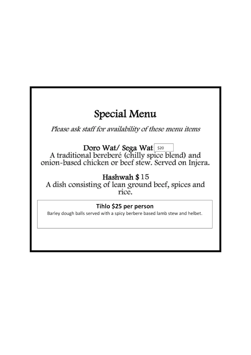 Menu, Queen of Sheba