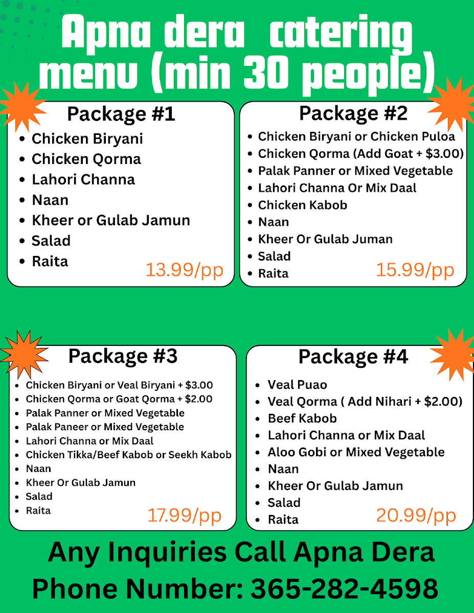 Menu, Apna Dera