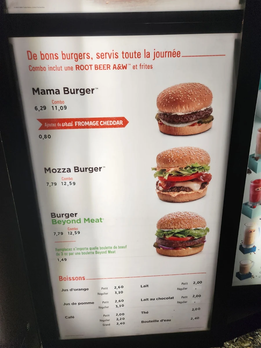 Menu, A&W Canada