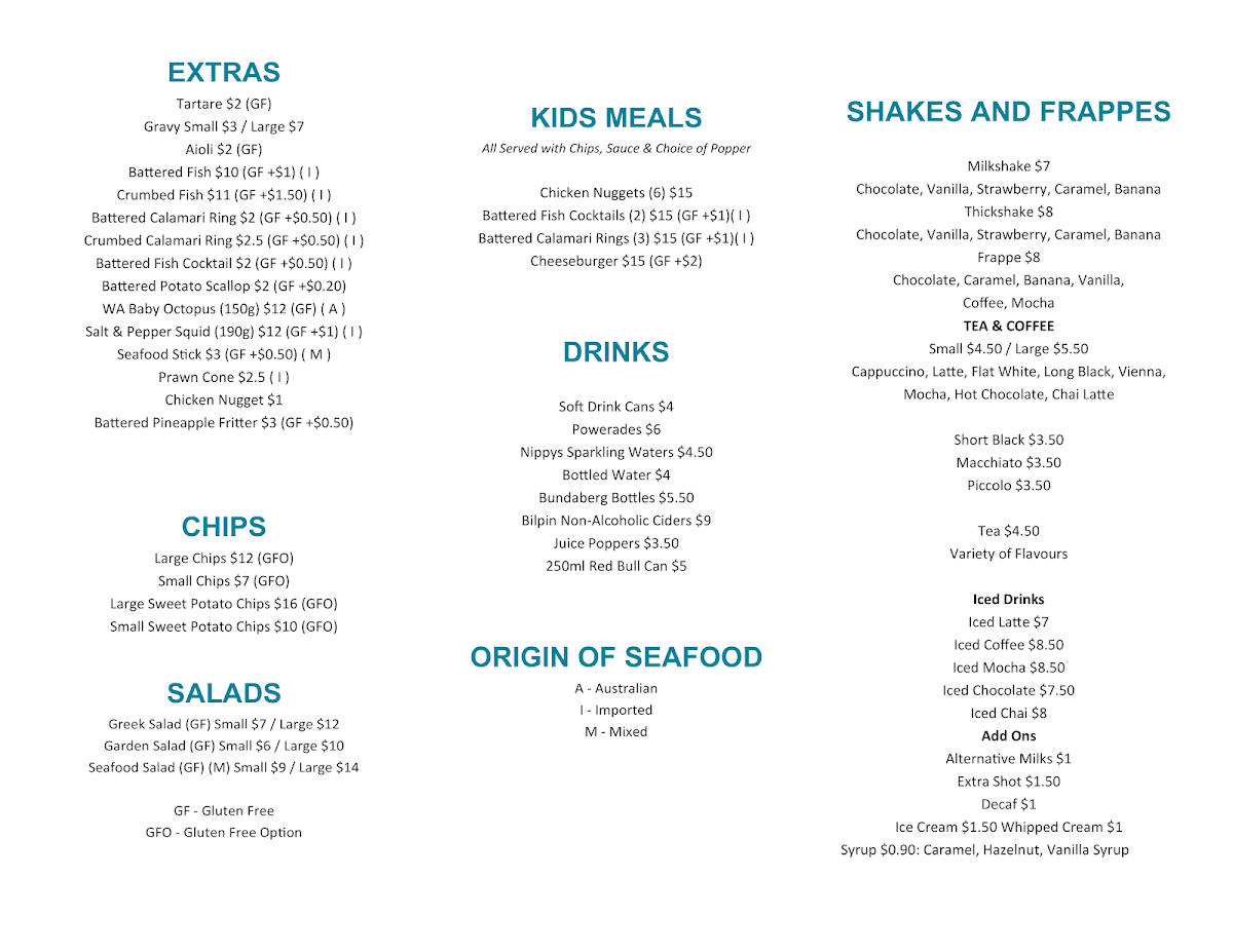 Menu, East Bank Fish n Chips
