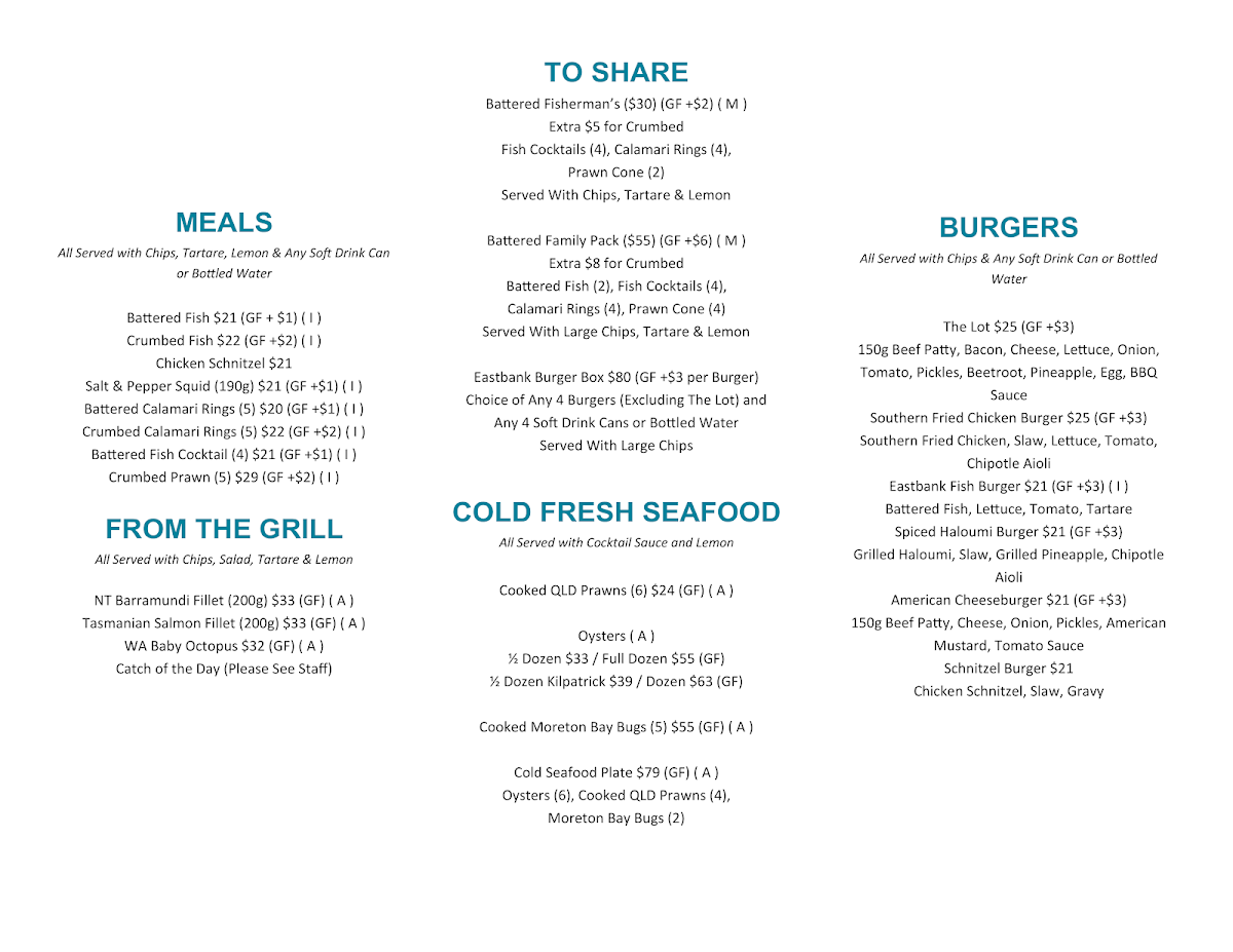 Menu, East Bank Fish n Chips