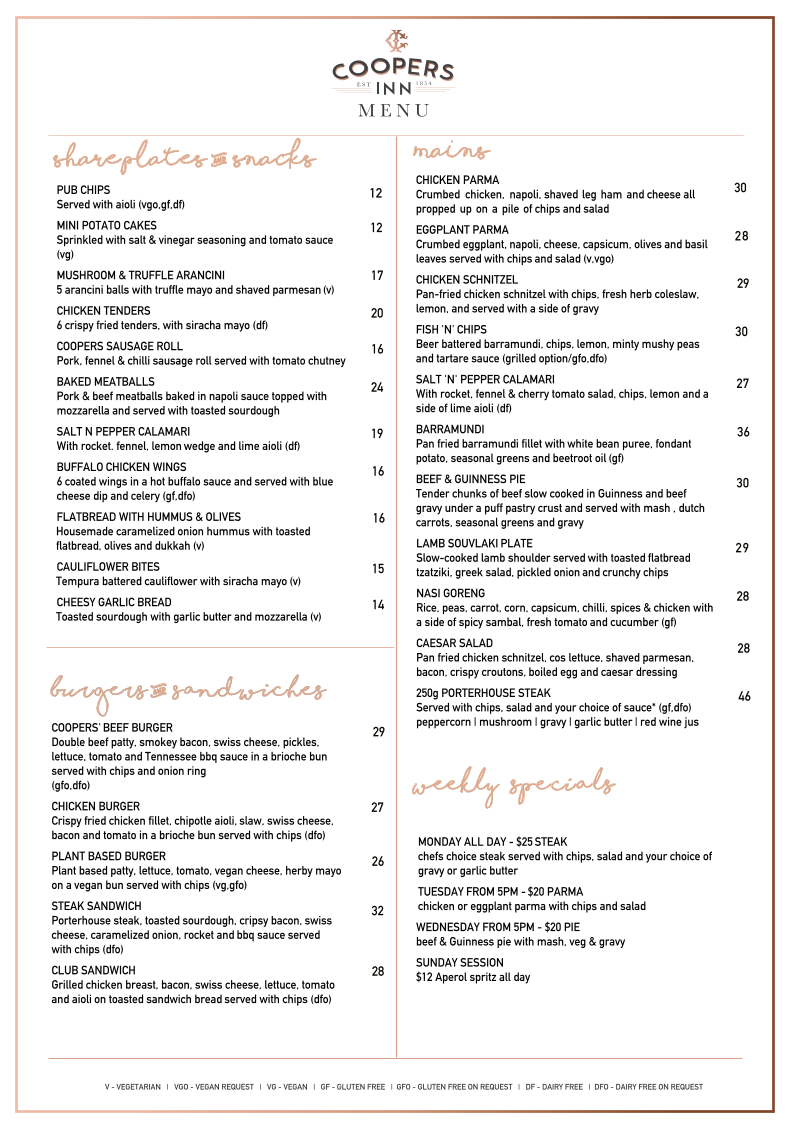 Menu, The Coopers Inn