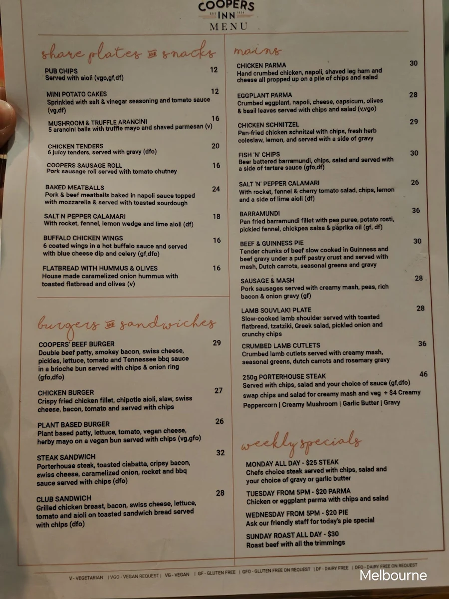 Menu, The Coopers Inn