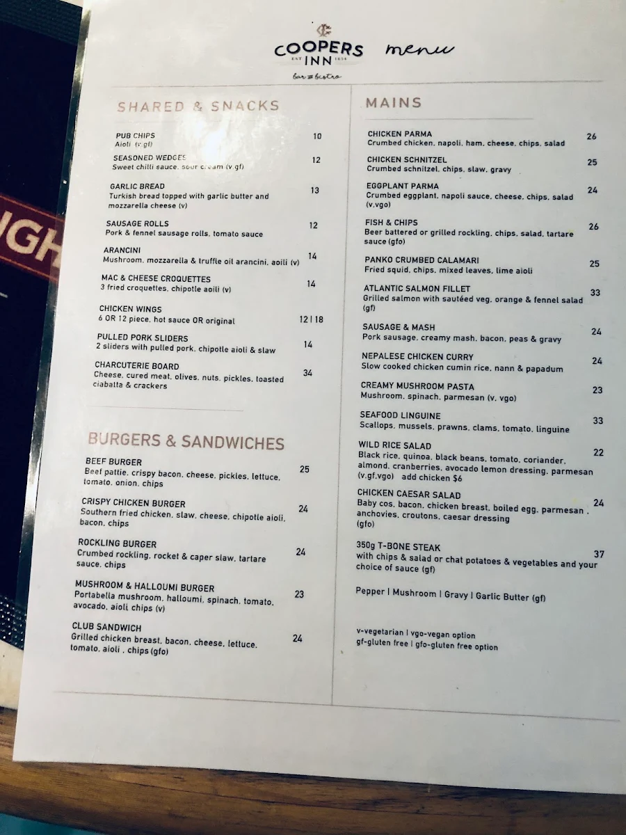 Menu, The Coopers Inn