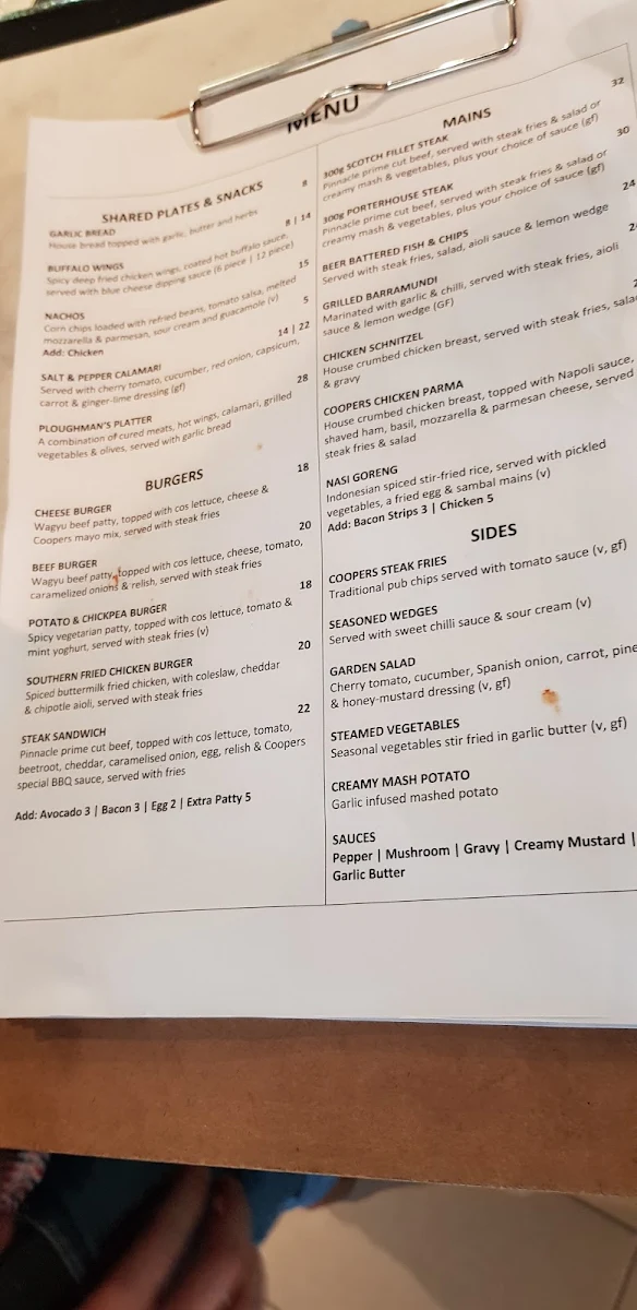 Menu, The Coopers Inn