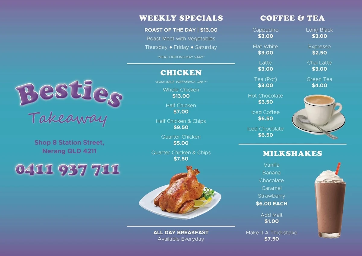Menu, Besties Takeaway