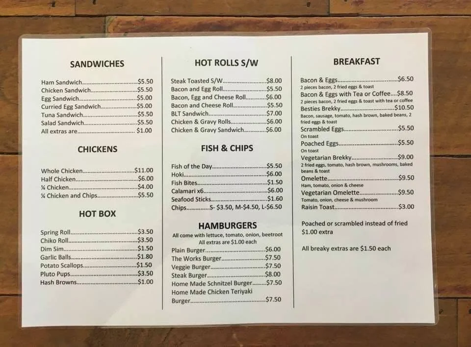 Menu, Besties Takeaway