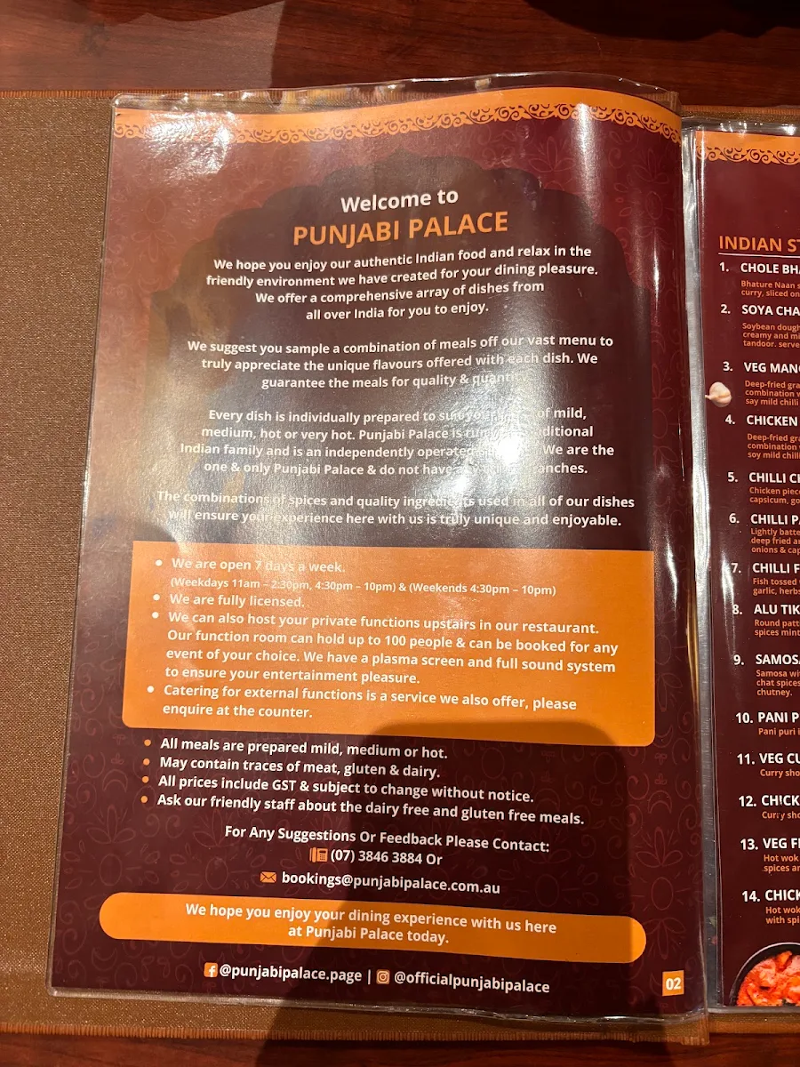 Menu, Punjabi Palace