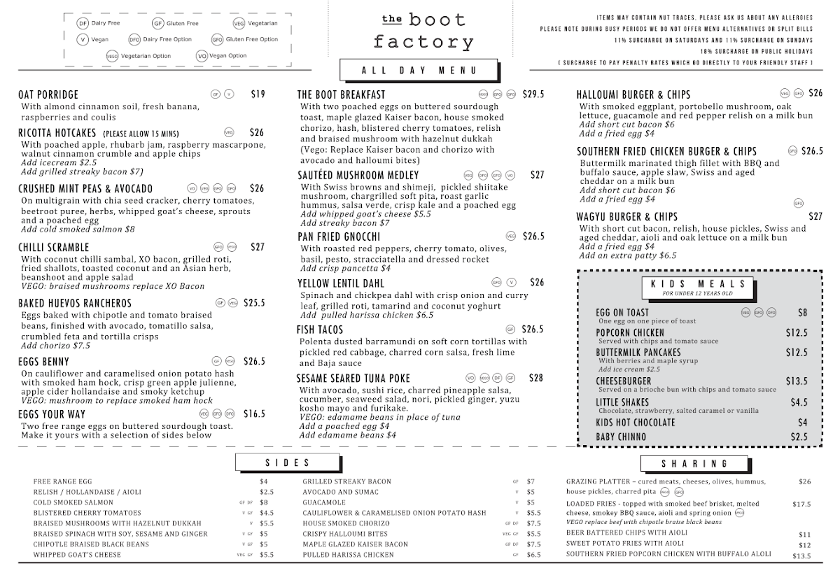 Menu, The Boot Factory
