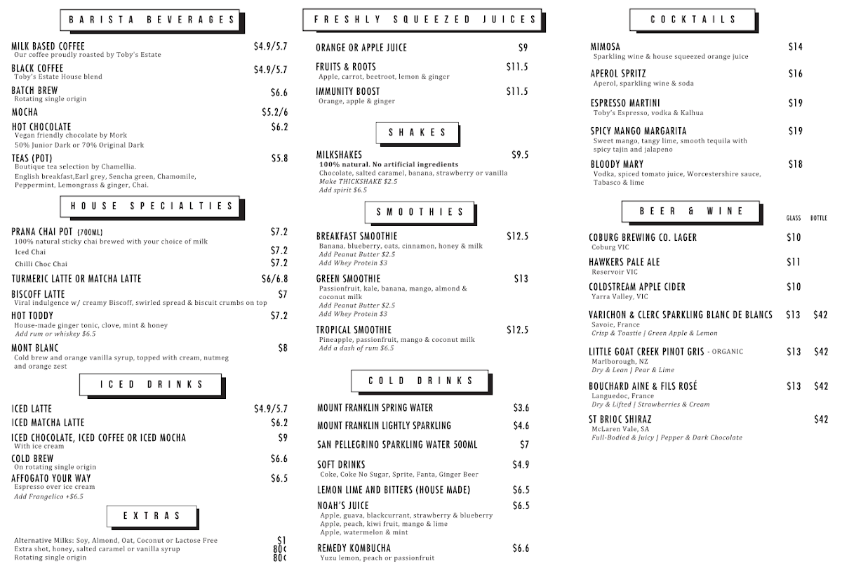 Menu, The Boot Factory