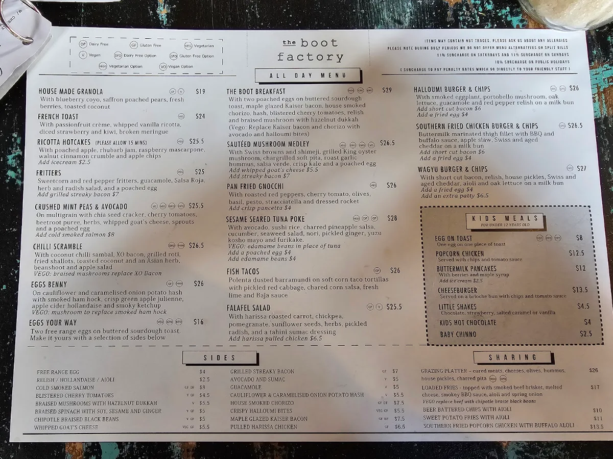 Menu, The Boot Factory