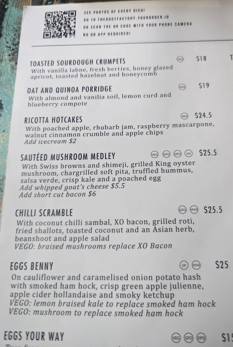 Menu, The Boot Factory