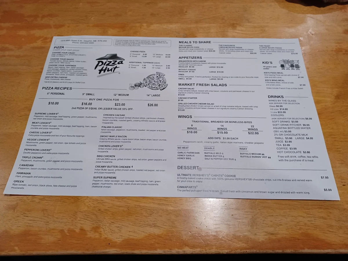 Menu, Pizza Hut