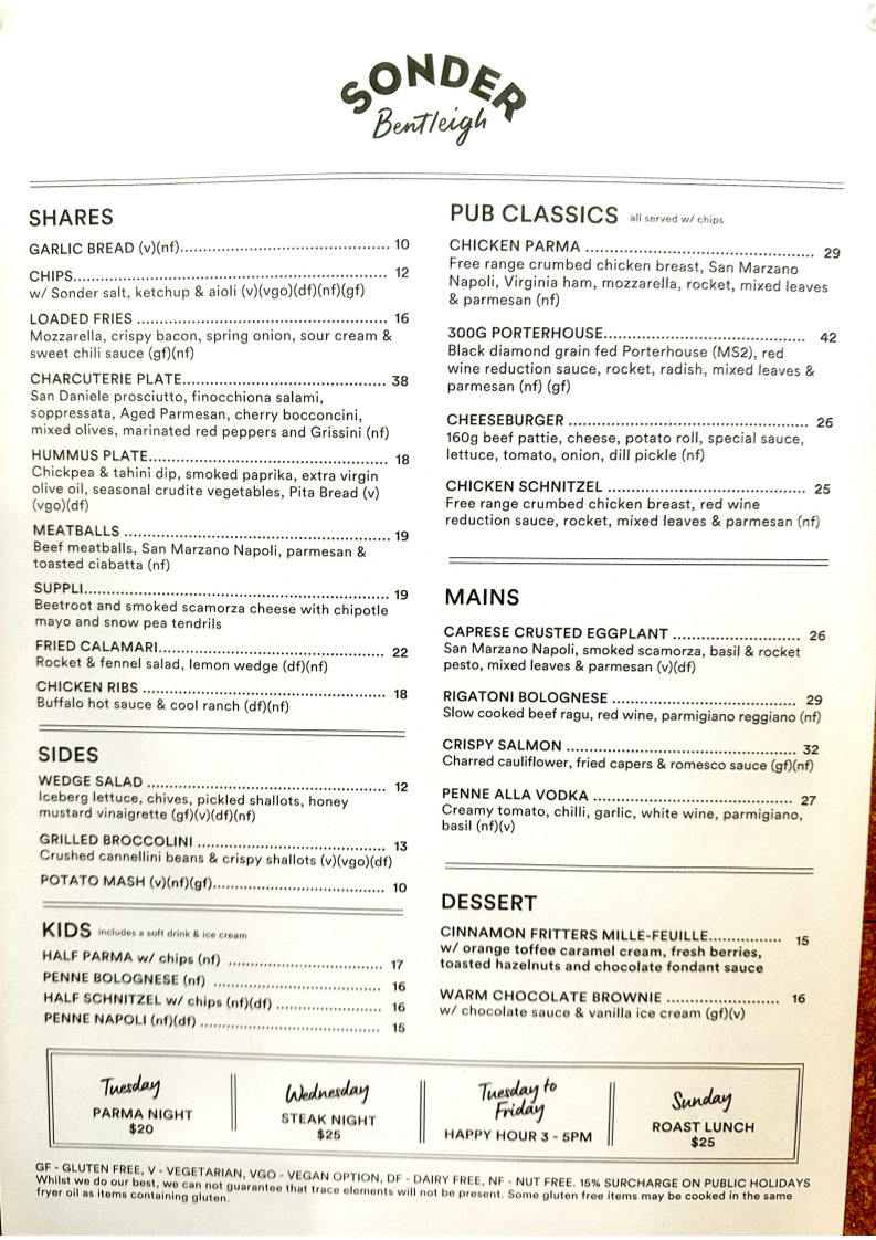 Menu, Sonder Bar