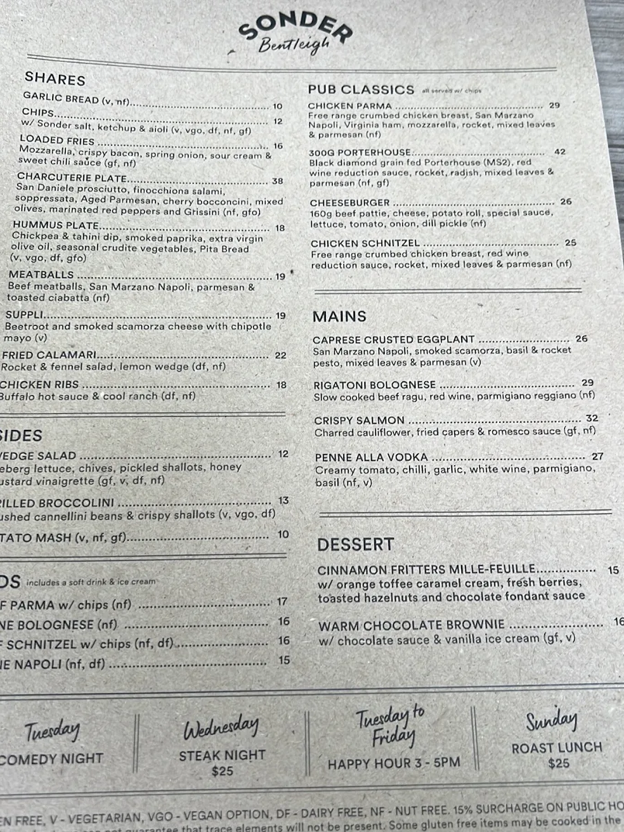 Menu, Sonder Bar