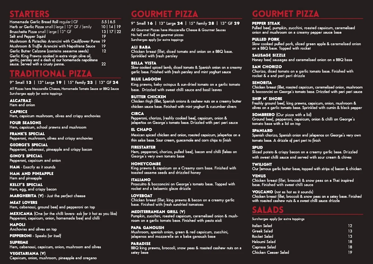 Menu, George's Pizzeria Bella Vista