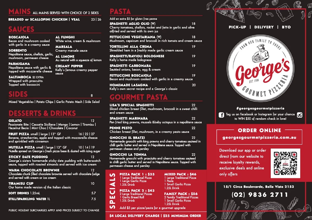 Menu, George's Pizzeria Bella Vista