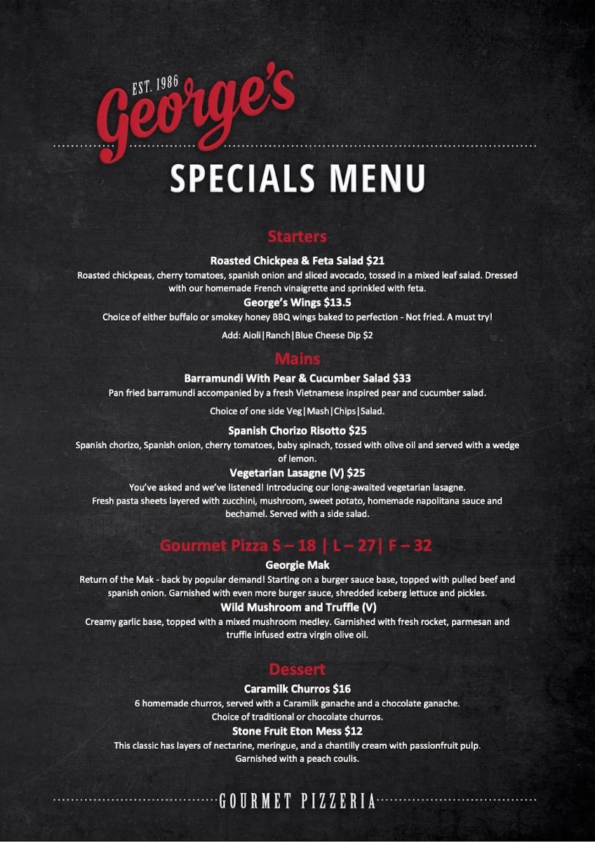 Menu, George's Pizzeria Bella Vista