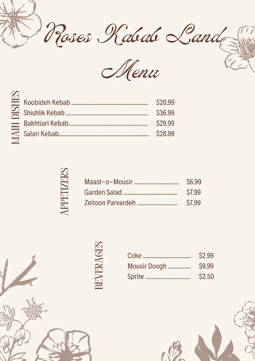 Menu, Roses Kebab Land Express (Take Out)
