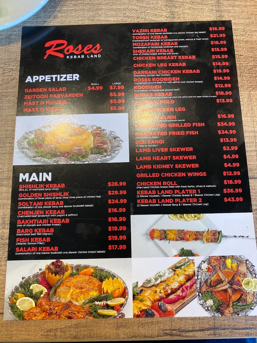 Menu, Roses Kebab Land Express (Take Out)