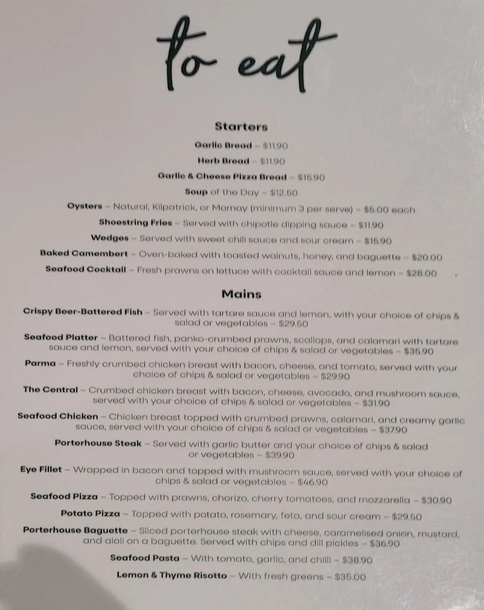 Menu, Thomson's Tavern