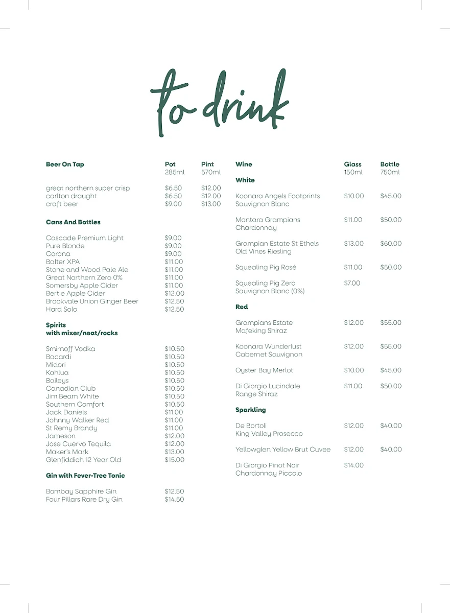 Menu, Thomson's Tavern