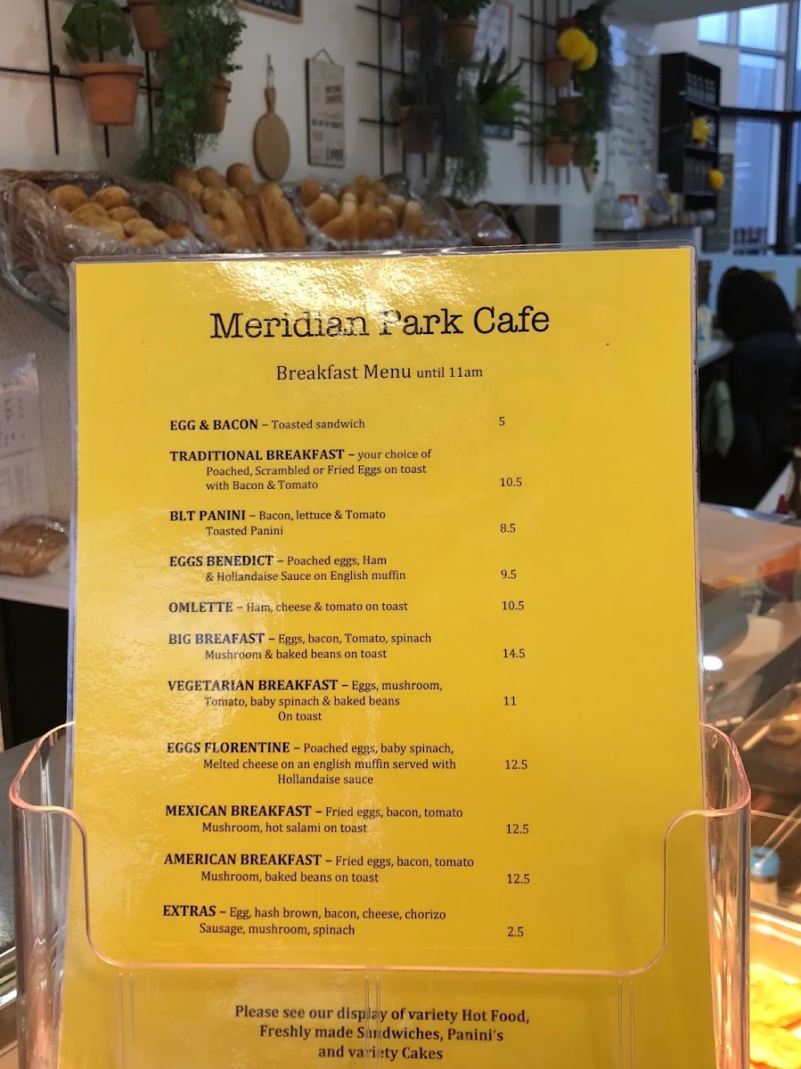 Menu, Meridian Park Cafe