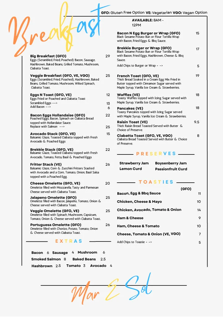 Menu, Mar E Sol Cafe Bistro