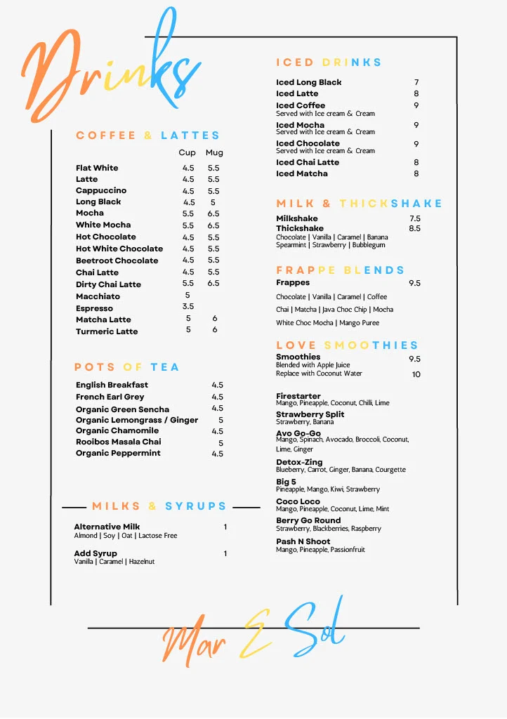 Menu, Mar E Sol Cafe Bistro