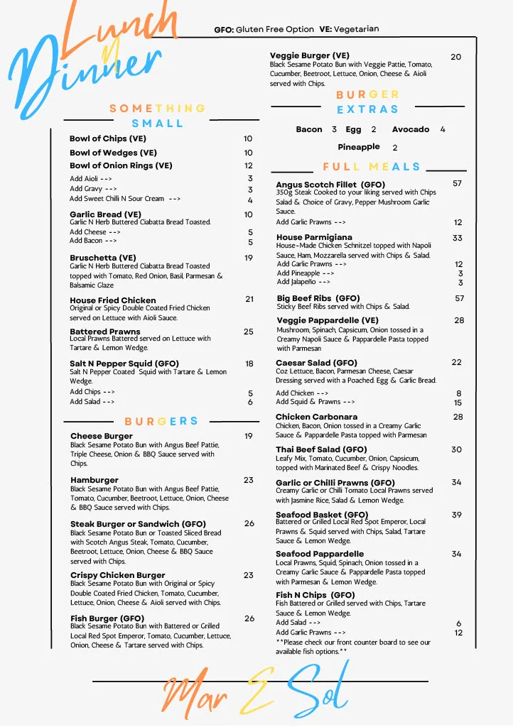 Menu, Mar E Sol Cafe Bistro