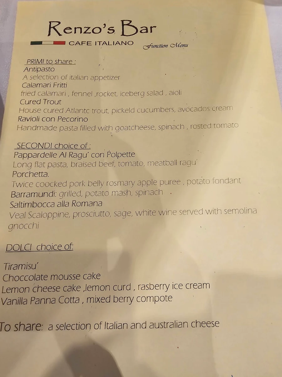 Menu, Renzo's Bar
