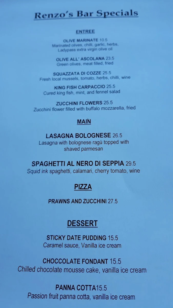 Menu, Renzo's Bar